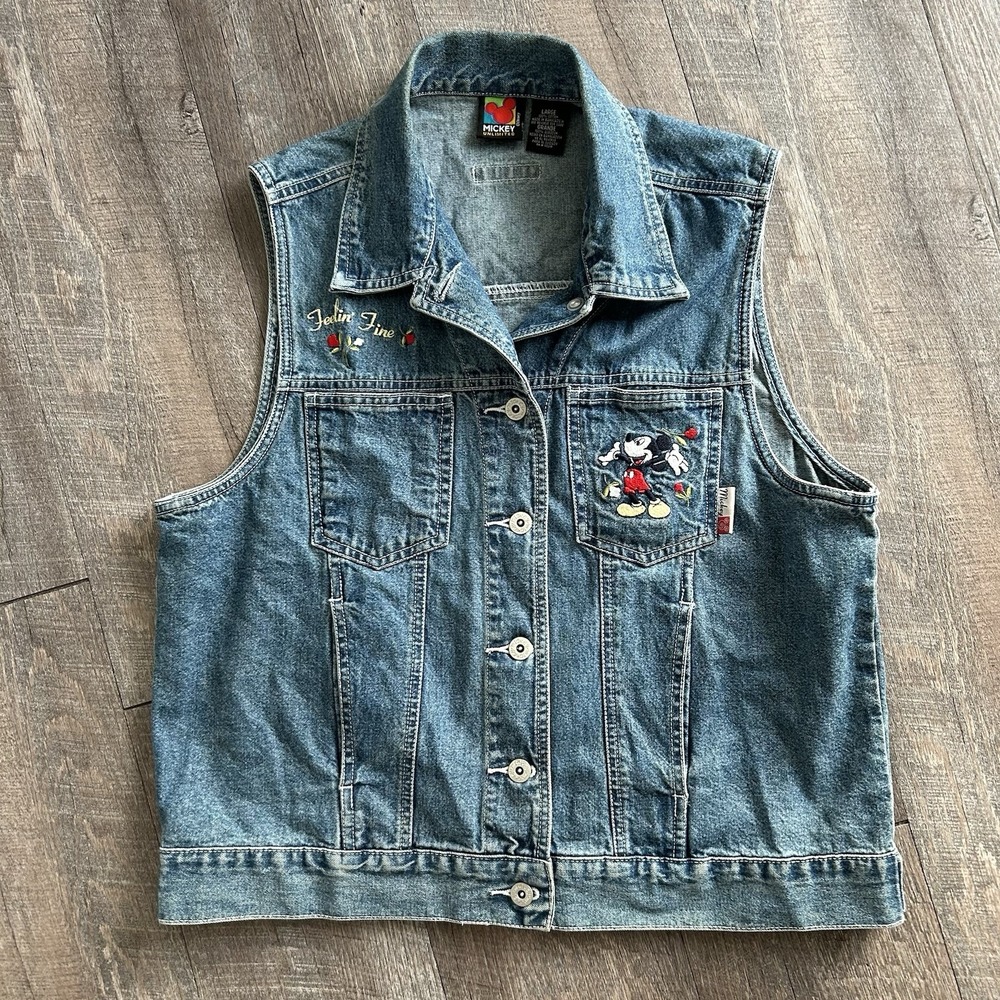 Vintage Mickey Unlimited Disney Denim Vest Large Feelin Fine Embroidered 90s
